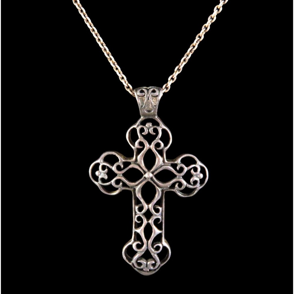 STERLING SILVER 29" Chain Necklace FILIGREE CROSS PENDANT Fleur-De-Lis Scrolls
